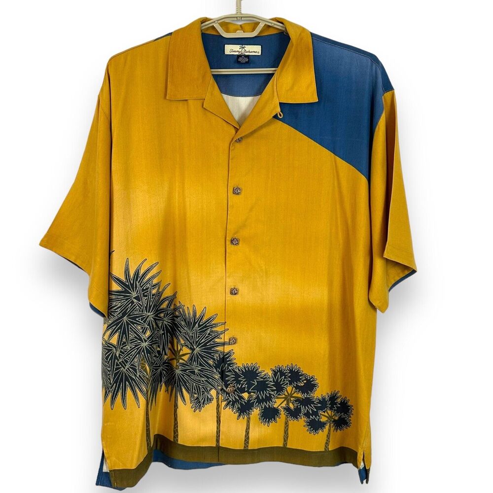 Tommy Bahama Camp Shirt Sz XL Hawaiian Colorblock Palm Tree Silk Short Sleeve